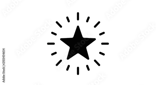 Vector illustration of black star icon with radiating light rays on a transparent background