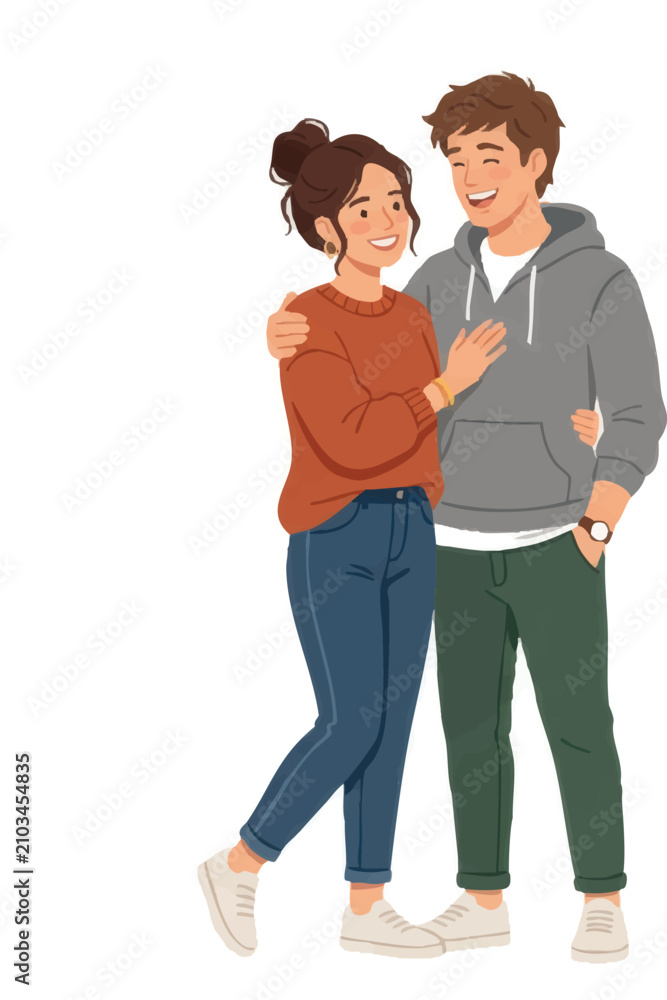 Fototapeta premium Happy couple smiling together in modern flat design. Joyful partners embracing with cheerful expressions in vector illustration.