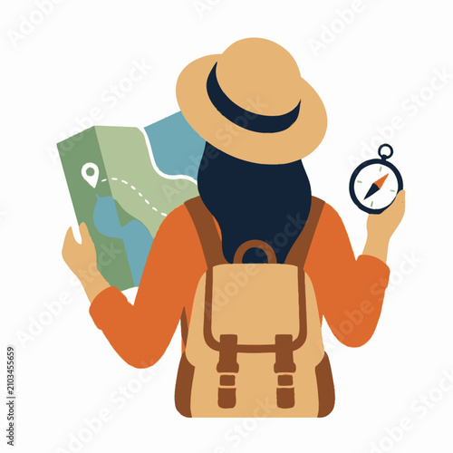 Back view of female traveler with backpack holding paper map and compass for navigation.