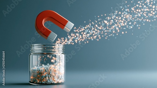 Giant horseshoe magnet attracting a stream of glowing sparkles into a glass jar, customer attraction marketing concept
