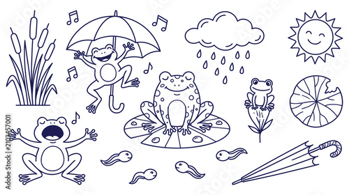 Bild auf Leinwand Cartoon frog icons and weather elements with cattails tadpoles and umbrella