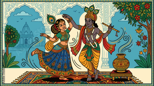 Canvastavla Krishna Teaching Radha Dance Step in Ornate Indian Palace Courtyard, Vibrant Col