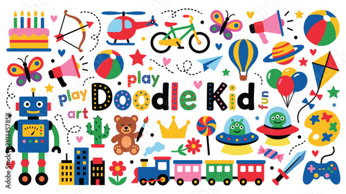 Doodle kids text with toys and objects for children on white background.