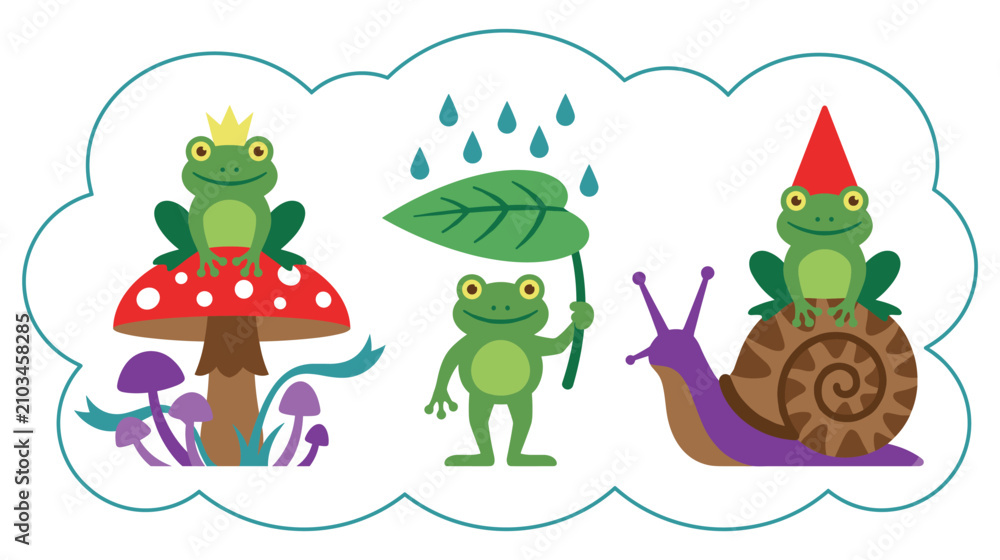 Naklejka premium Funny cartoon frogs on mushroom, snail and holding leaf umbrella.