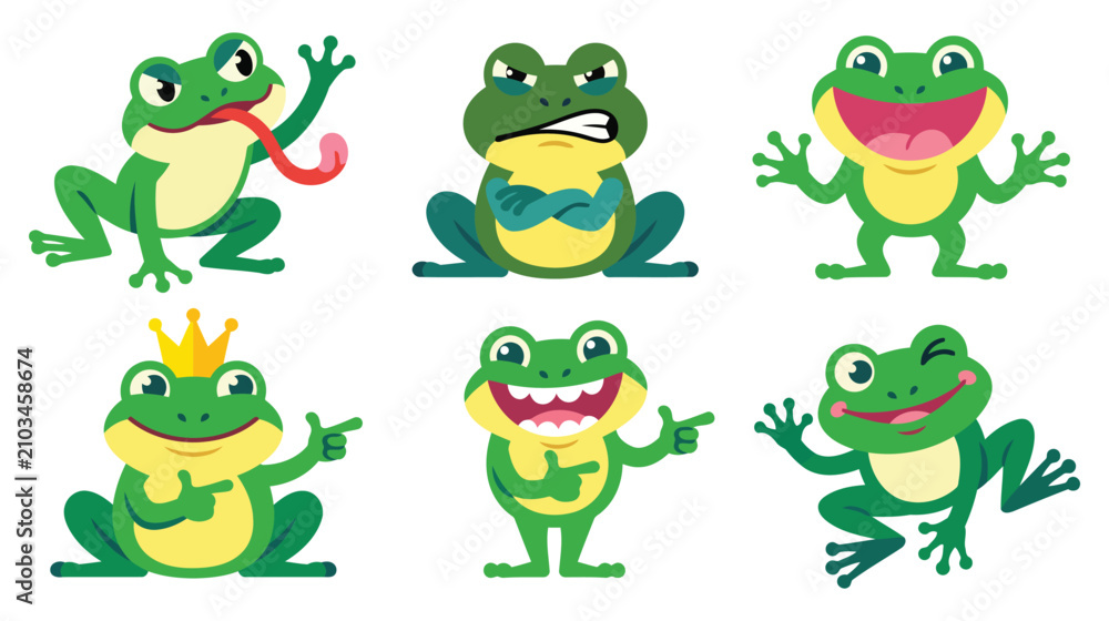 Naklejka premium Set of funny cartoon frog characters with various emotions and poses on white background.