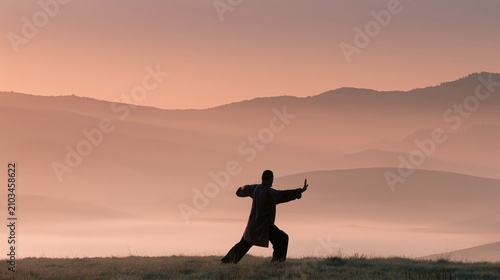 Back view of a person practicing tai chi on a quiet misty hilltop at dawn, wellness and calm concept