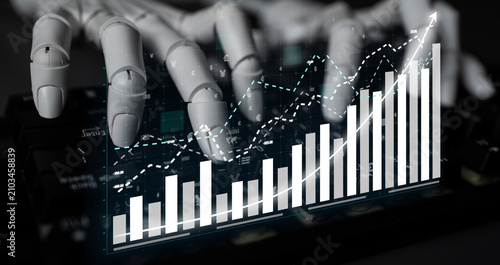 Fotografie This image showcases a robotic hand manipulating keyboard input while interacting with digital financial graphs, representing the fusion of technology and finance in modern analysis