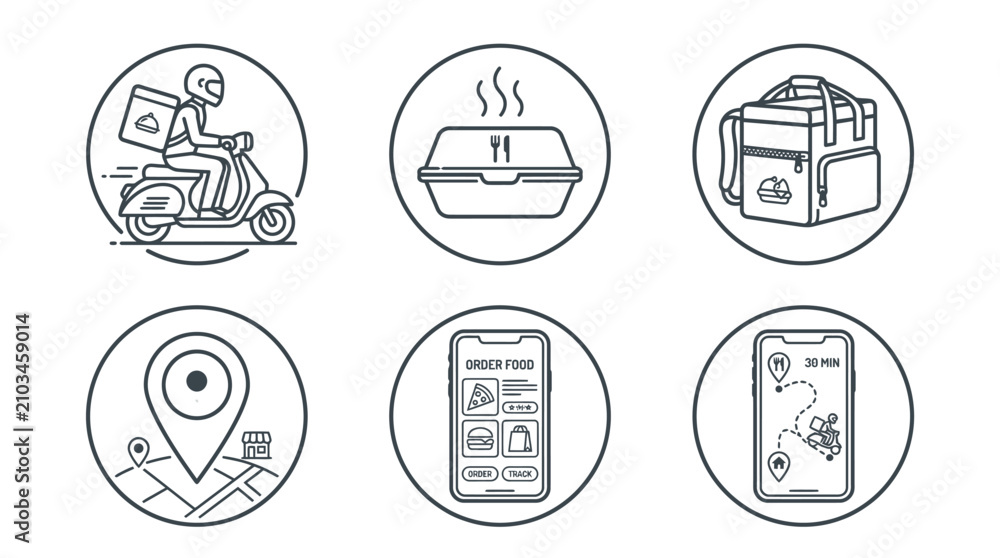 Fototapeta premium Food delivery service mobile app icons.
