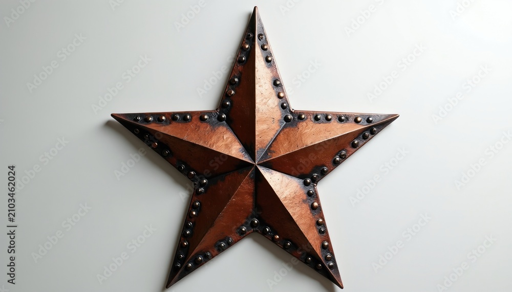 Naklejka premium Rustic copper star decor with antique oxidized texture and metal rivets. Five-pointed shape on clean white background. Perfect for country or western themes, home adornment.