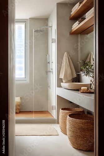 Contemporary bathroom interior with walk in shower and wooden shelf decor.