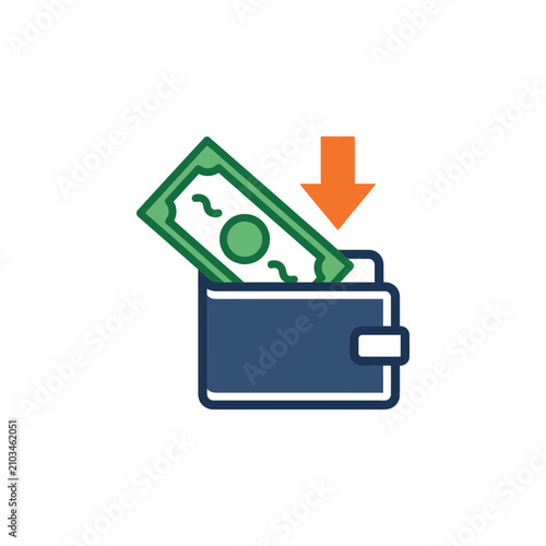 Flat vector illustration of money banknote being deposited into a wallet with downward arrow icon