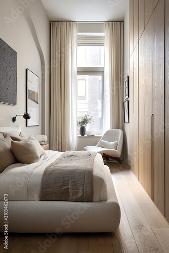 Narrow luxury bedroom with floor to ceiling wardrobes and large window.
