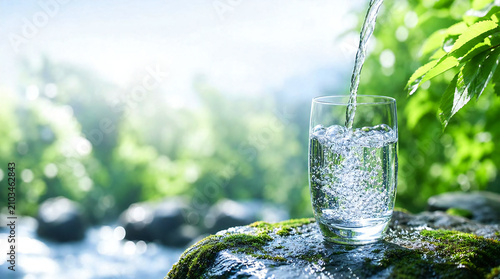 清流に包まれた一杯の水（AI生成画像）