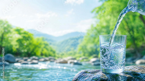 清流に包まれた一杯の水（AI生成画像）