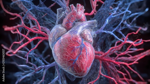 Realistic Pulsing Heart Surrounded by Red Network of Vessels