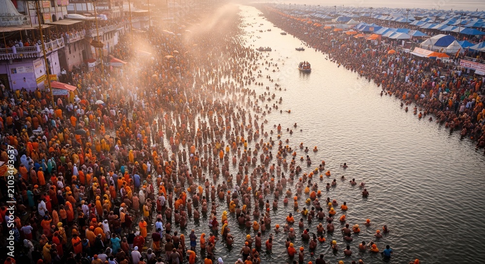 Fototapeta premium Massive crowd gathering by waterfront during vibrant cultural festival celebration