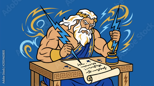 Fotografía Muscular Zeus Writing with Lightning Bolt Pen on Scroll, Greek Mythology Charact