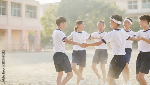 校庭でフォークダンスを楽しむ中学生たち 夏の学校生活