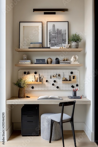 Built in home office desk with pegboard and floating wood shelving.