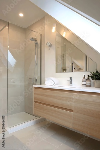 Modern bathroom with shower and vanity, natural light from skylight.