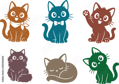 Foto Set of 6 colorful cute cat silhouettes - burnt orange sitting kitten with bandan