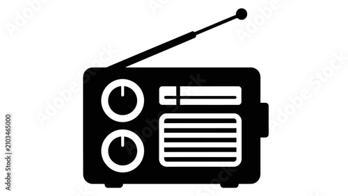 Fotografie A black and white illustration of a portable radio with an extendable antenna and tuning dials