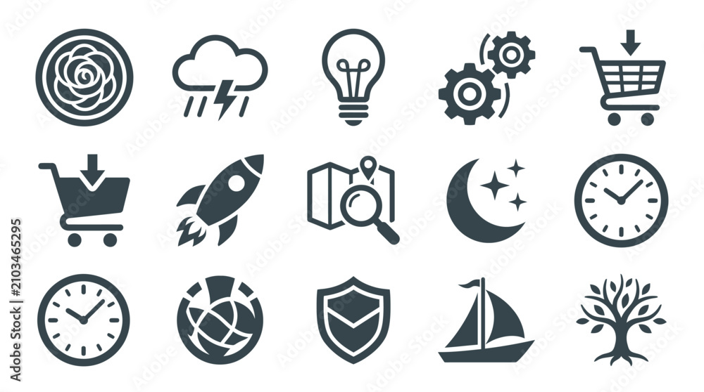 Fototapeta premium Diverse black solid glyph icons for web design.