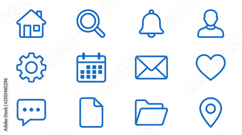 Simple blue outline web and interface icon set.