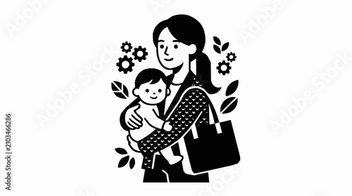Minimalist illustration of a working mother using a baby carrier while multitasking to balance parenting duties and a healthy work-life balance.