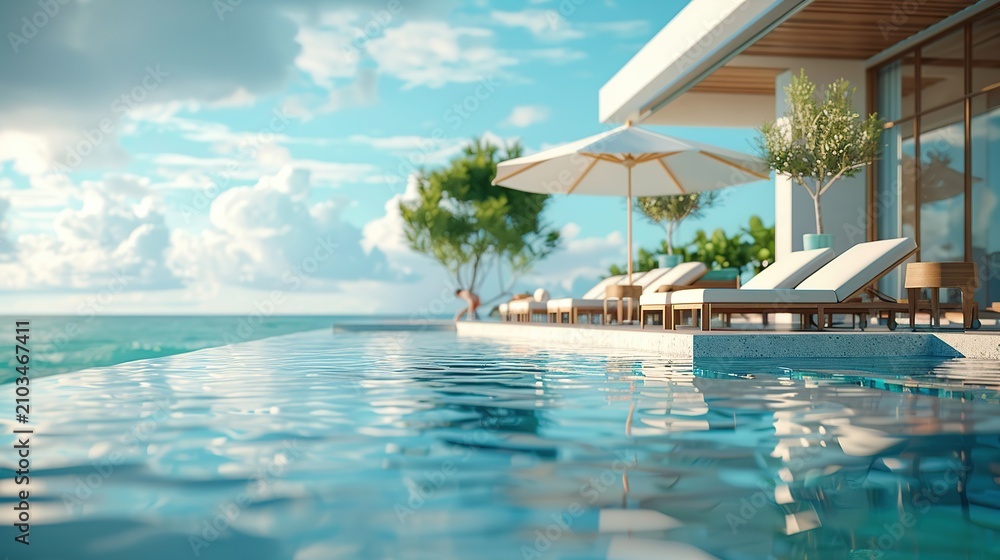 Fototapeta premium Luxury Resort Swimming Pool Featuring Comfortable Sun Loungers Bright Umbrellas and Peaceful Summer Vacation Atmosphere