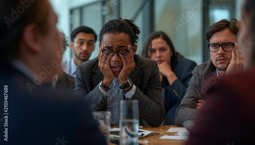 Stressed business team in meeting looks worried about financial crisis