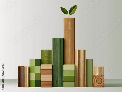 Eco-Growth Towers: A harmonious arrangement of wooden blocks and cubes in varying shades of green and natural wood grain, representing sustainable growth and environmental development.