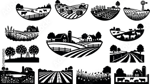 Foto Agriculture and farming landscape icon set featuring rural barns livestock field