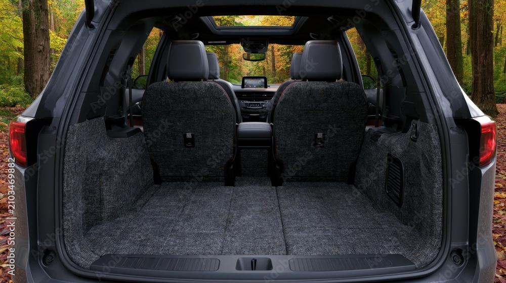 Fototapeta premium Spacious and Clean SUV Cargo Area with Plush Carpet Interior Surrounded by Trees in Autumn, Perfect for Travel and Adventure