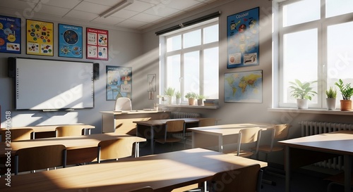 Bright Classroom Interior with Sunlight Streaming Through Windows.
