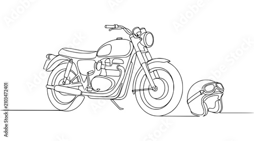 Minimalist continuous line drawing of a vintage motorcycle and helmet on white background