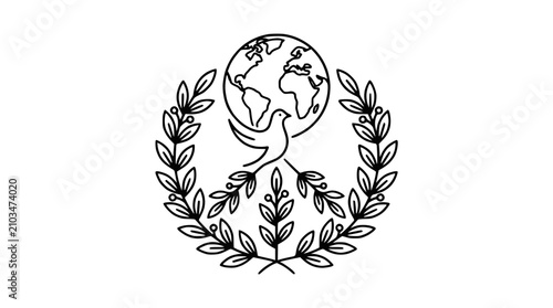 Quadro su tela Peace Symbol: Dove, Earth Globe, Olive Branches Wreath - Line Art Icon