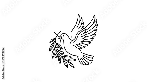 Foto Dove with olive branch line art, symbol of peace flying, isolated on white backg