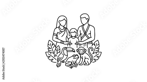 Canvas Print Indigenous Family and Rainforest Wildlife Icon