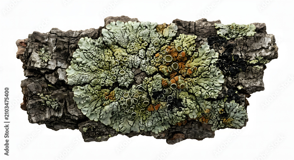Obraz premium Highly Detailed Crustose Lichen on Tree Bark: Scientific Macro 3D Render Isolated on White