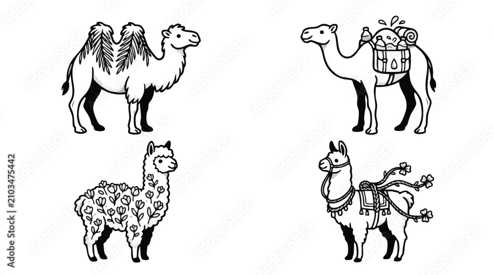 Naklejka premium Camel and llama line art vector icon set