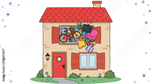 Φωτογραφία Cute cartoon house with colorful cluttered items and clothes bursting out of the top window vector illustration concept for spring cleaning or hoarding