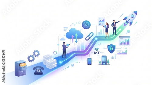 Illustrative depiction of a digital transformation journey, showcasing technological evolution, business growth, and strategic innovation with a rocket launch.