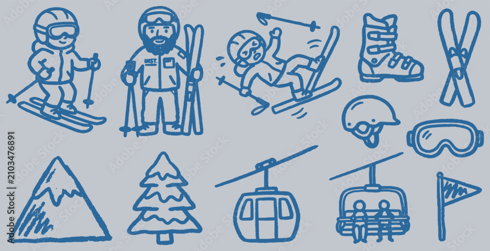 Fototapeta premium Collection of hand-drawn ski icons including skiers, mountains, ski lift, and equipment.