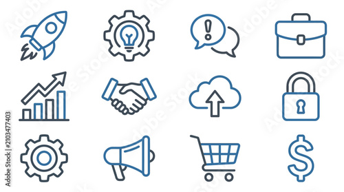 Business startup and financial technology outline icons.