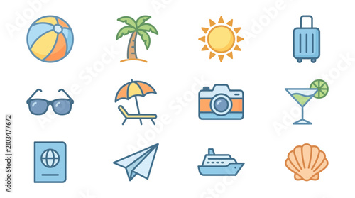 Colorful vacation and travel flat icon collection.