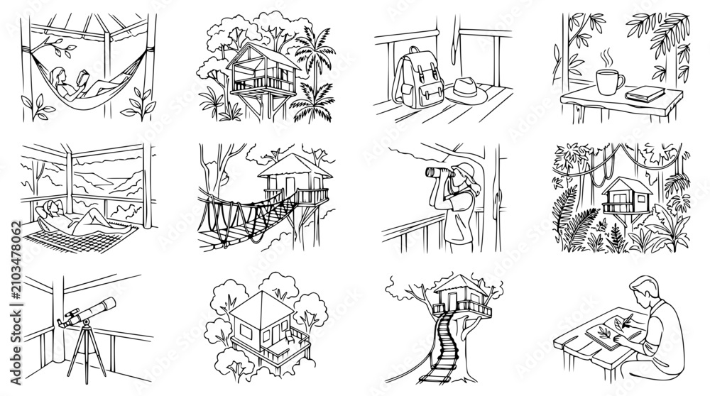 Obraz premium Jungle Treehouse Adventures: Relaxing Hammocks, Nature Exploration, and Cozy Escapes