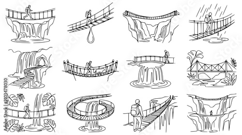 Fotografie Adventure bridge collection, hikers crossing suspension bridges over waterfalls and canyons, hand-drawn sketches