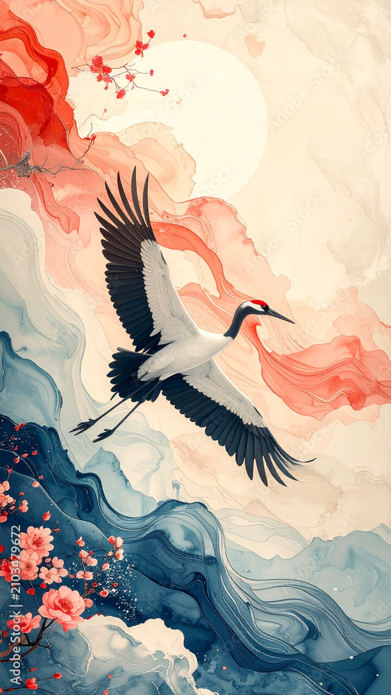 Obraz premium Serene Ink Diffusion Red Crowned Crane Flying Over Watercolor Clouds And Cherry Blossoms in Serene Ink Diffusion Art Style Illustration