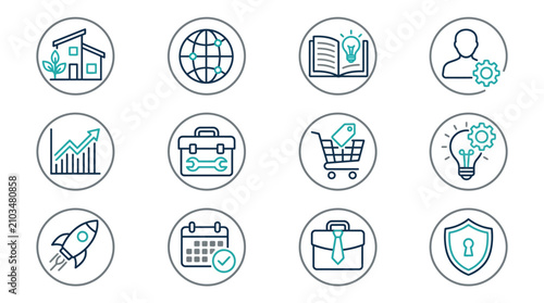 Line style business and startup icons in circles.